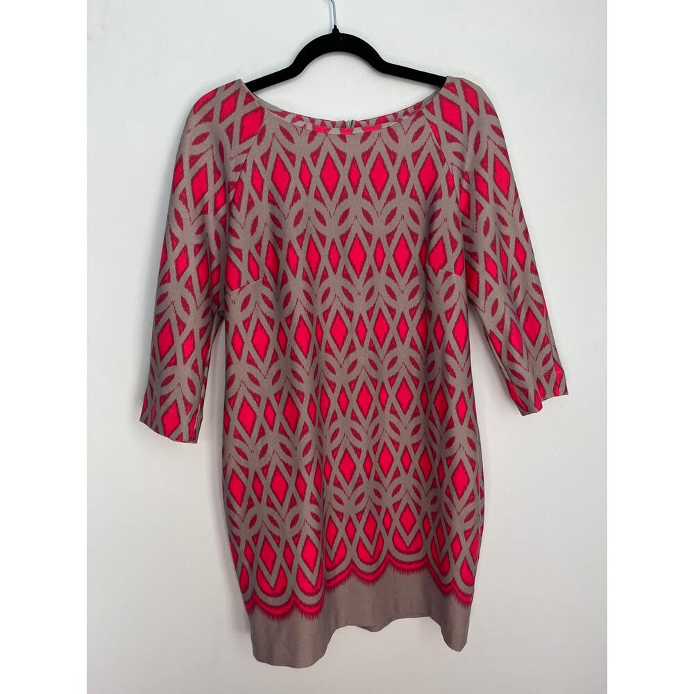 Just‎ Taylor Knit Dress Women 10 Pink Tan Geometric 3/4 Sleeve Pullover Retro